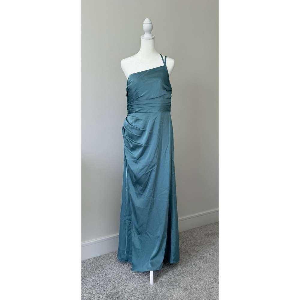 Azazie Eren Fitted One Shoulder Stretch Satin Bridesmaid Dress in Moody Blue NWT - Picture 10 of 15
